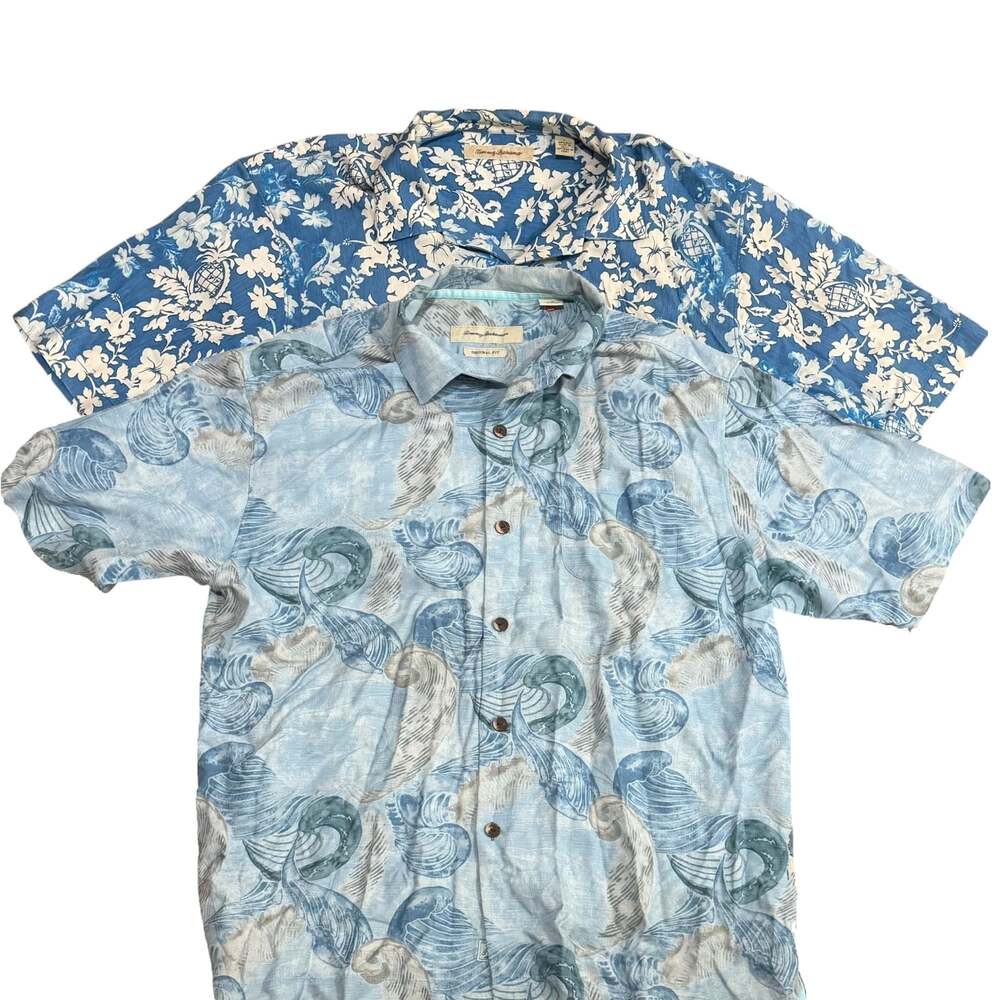 Tommy Bahama 100% Silk Hawaiian Camp Shirt Lot of 2 Floral and Wave Prints Sz L